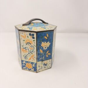 Vintage Sharps Toffee Tin Lid Octagon Floral Blue Orange White Gold 5-3/4"